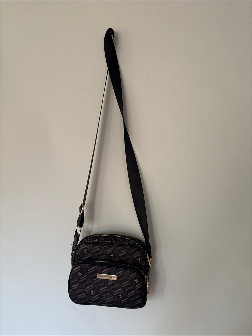 Adrienne Vittadini Black Patterned Crossbody Bag with Gold Hardware